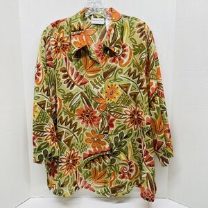 Alfred Dunner Womens Top Size 16 Floral Sheer Earthtone Colors 3/4 Sleeve Fall
